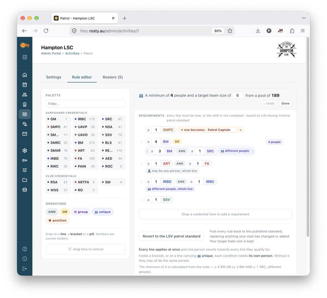 Rule editor with a palette of credentials dragged into requirement lines