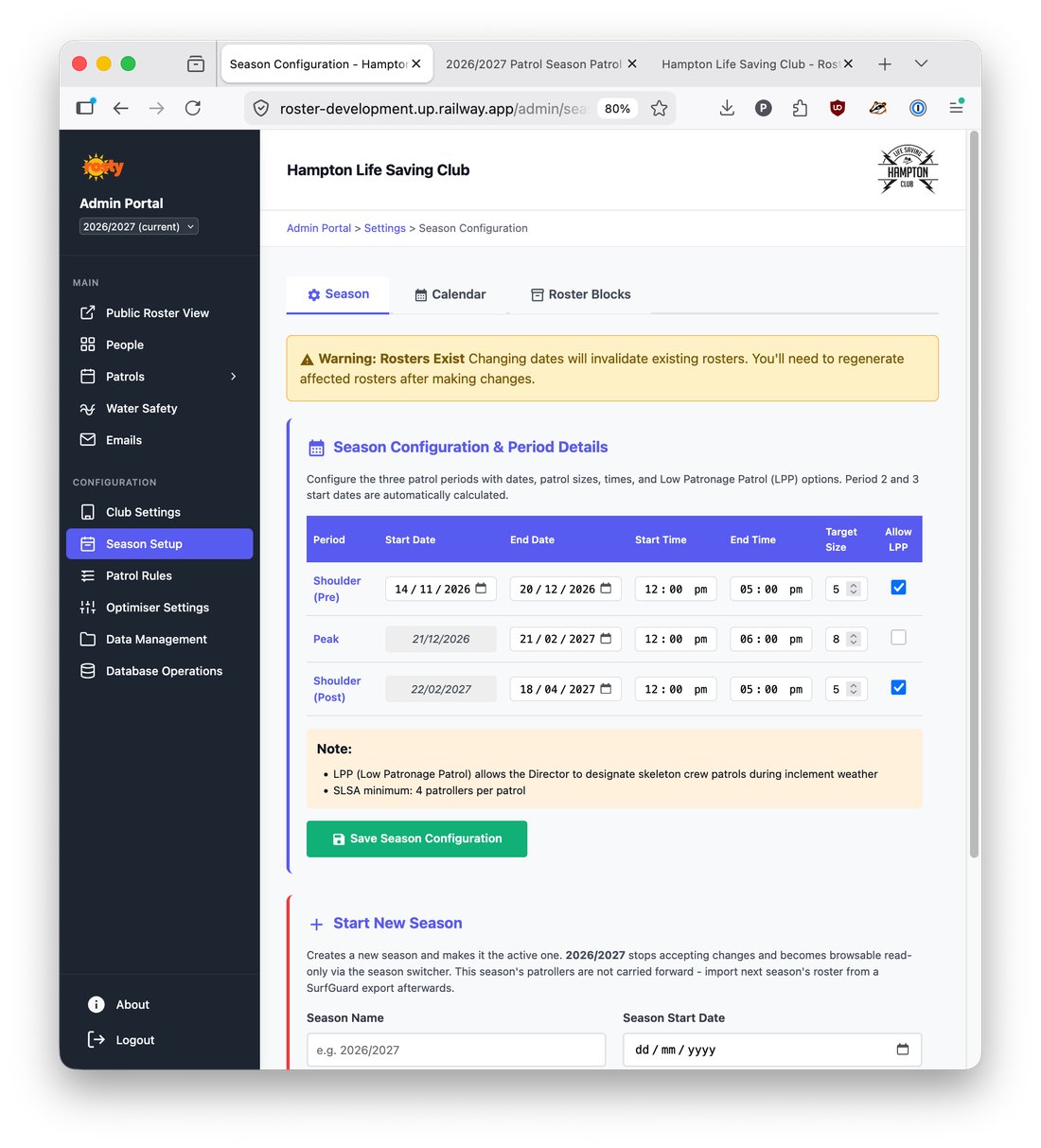Season setup: dates and hours