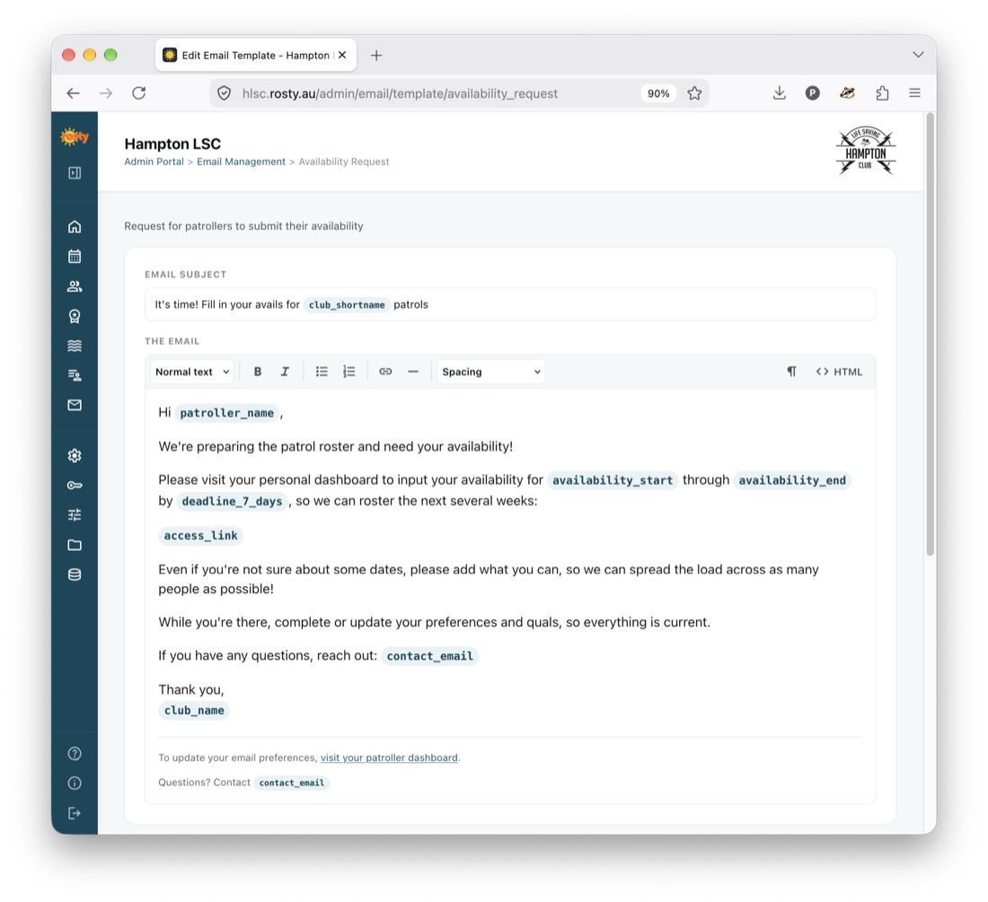 Email template editor with formatting toolbar and variable chips