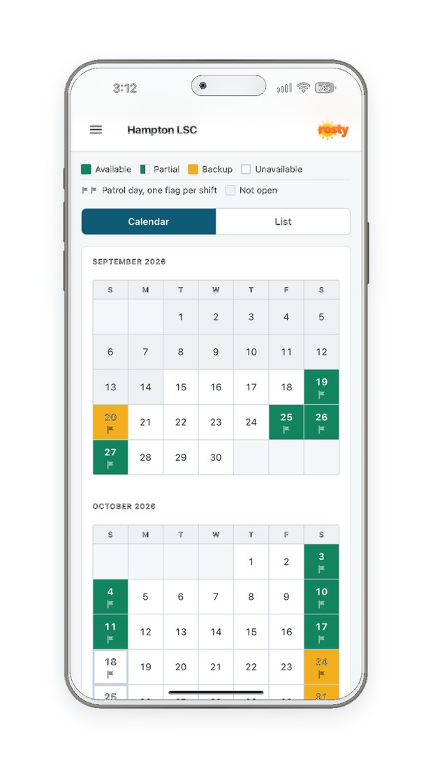 Availability calendar on a phone with Available, Partial and Backup days colour coded