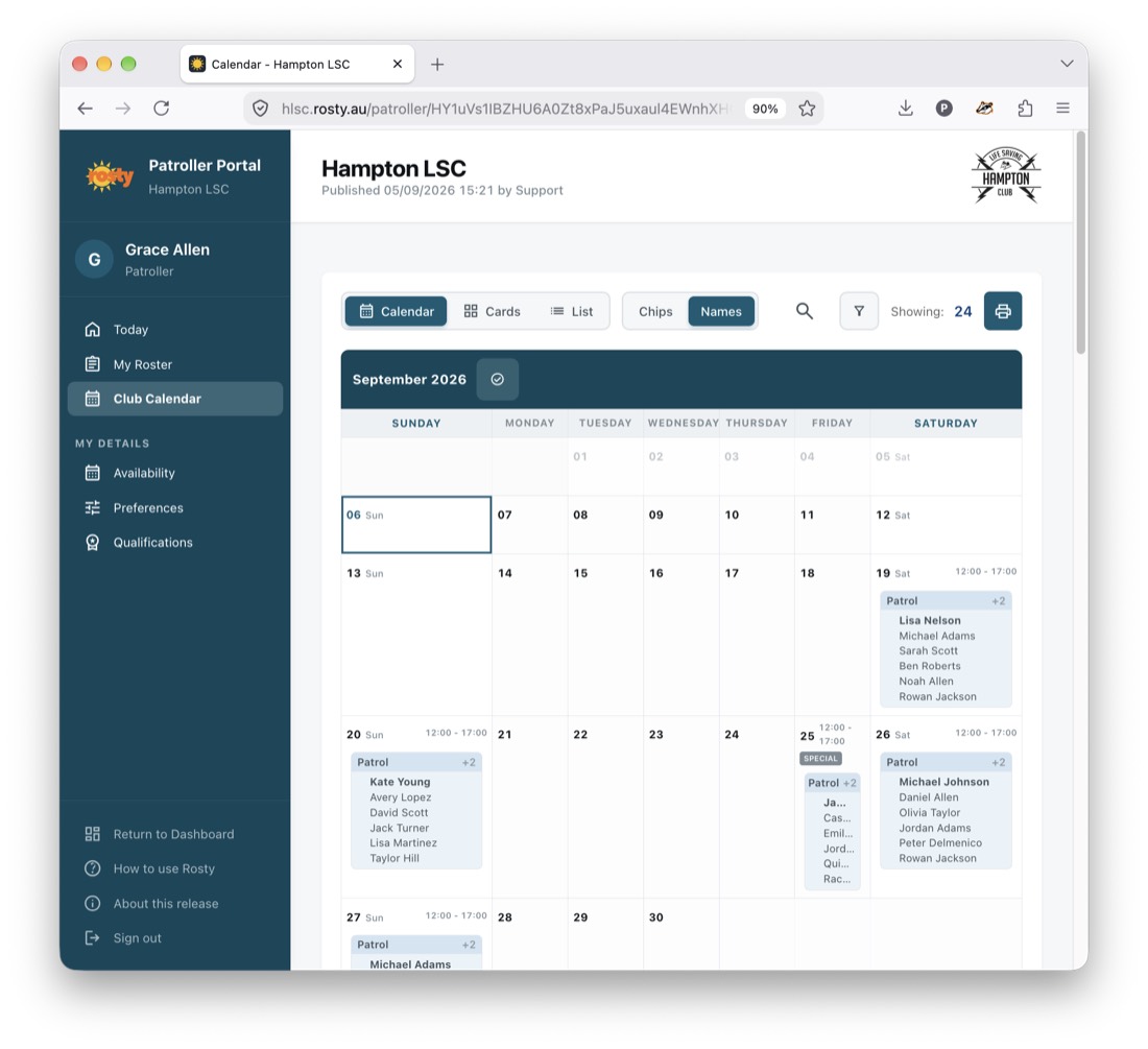 Club calendar with calendar, cards and list view options