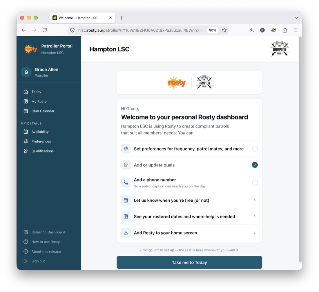 Welcome screen with a checklist of setup steps for a new member