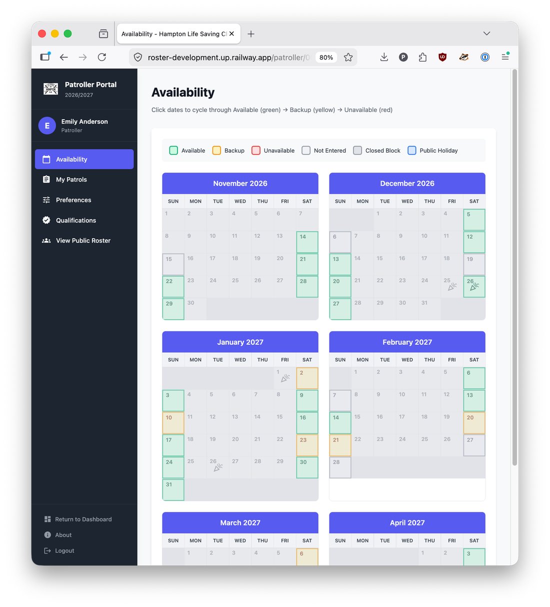 Availability selection calendar