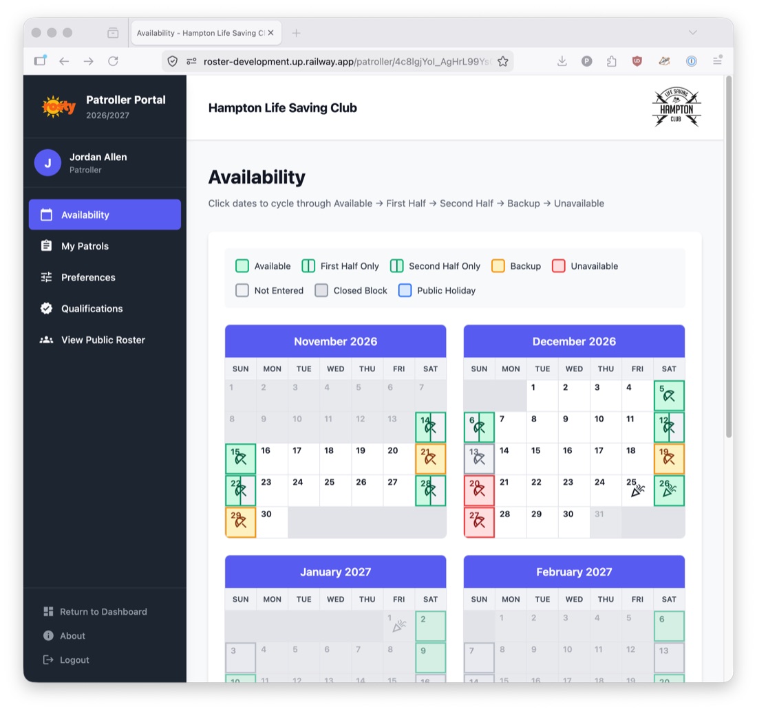 Availability screen: dates cycle through Available, First Half Only, Second Half Only, Backup and Unavailable