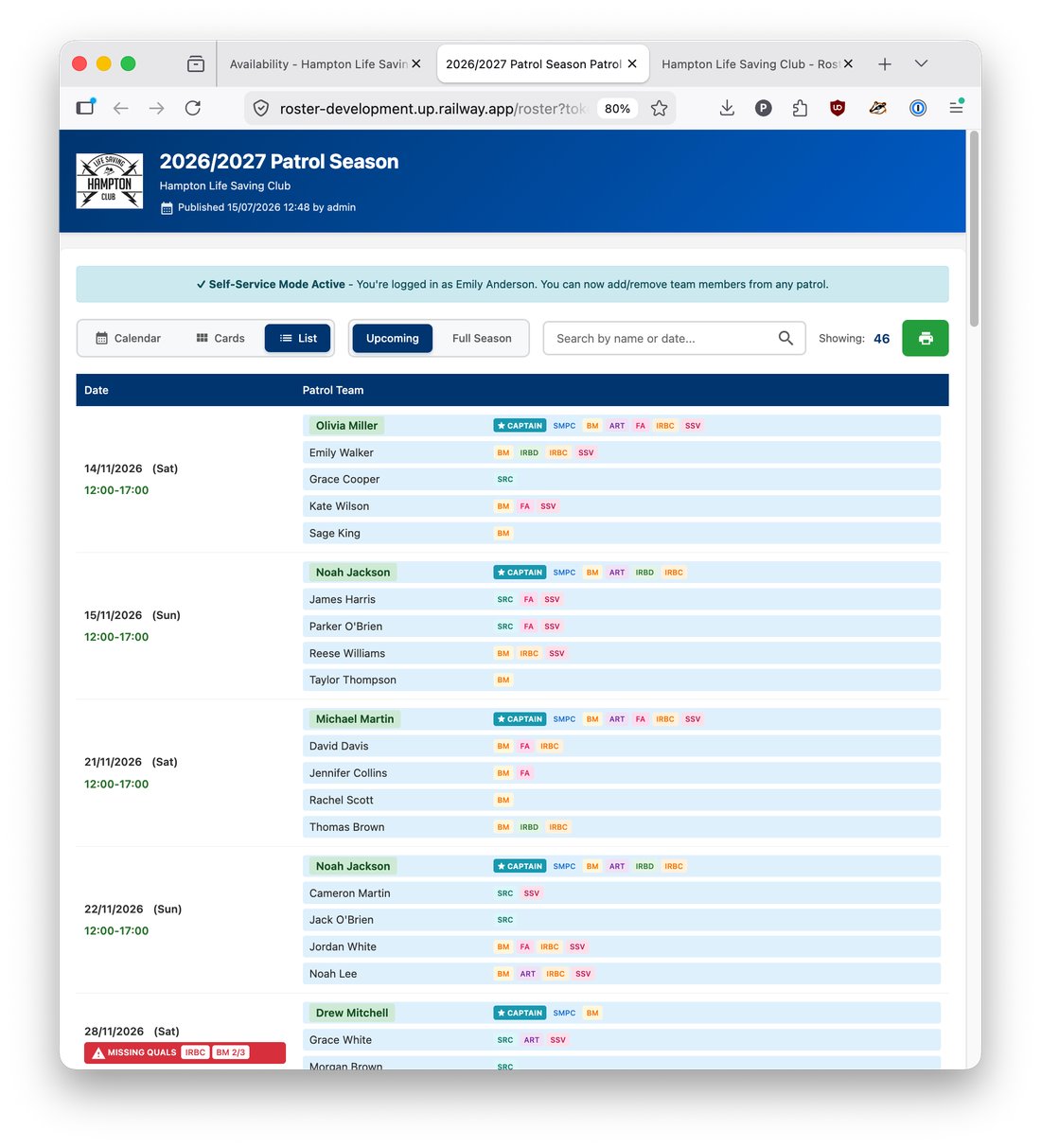 Public roster list view